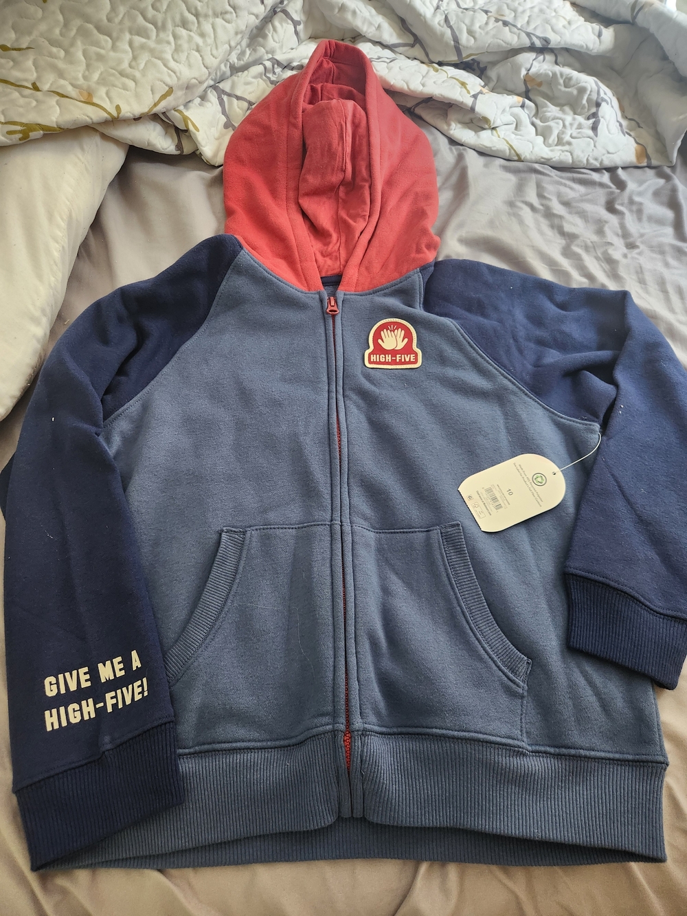 Kids' Colorblock Zip Hoodie with Red Hood - High-Five Design